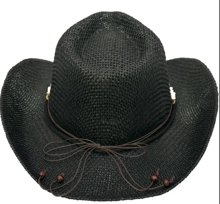 BLACK COWBOY Woven Straw HAT with Beads SHAPEABLE Cowboy  display picture 2