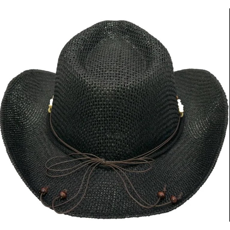 BLACK COWBOY Woven Straw HAT with Beads SHAPEABLE Cowboy  display picture 2