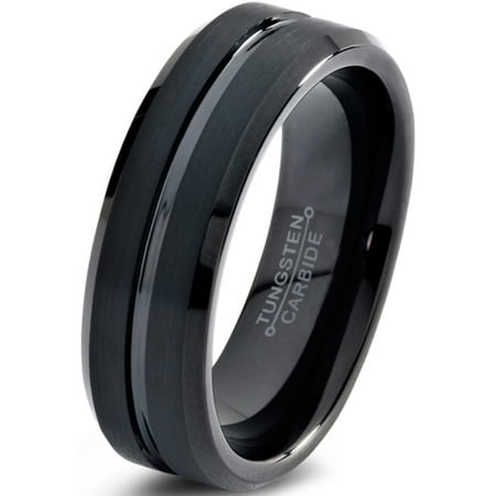 Charming Jewelers Tungsten Wedding Band Ring 6mm for Men Women Comfort Fit Black Beveled Edge Polished Brushed Lifetime