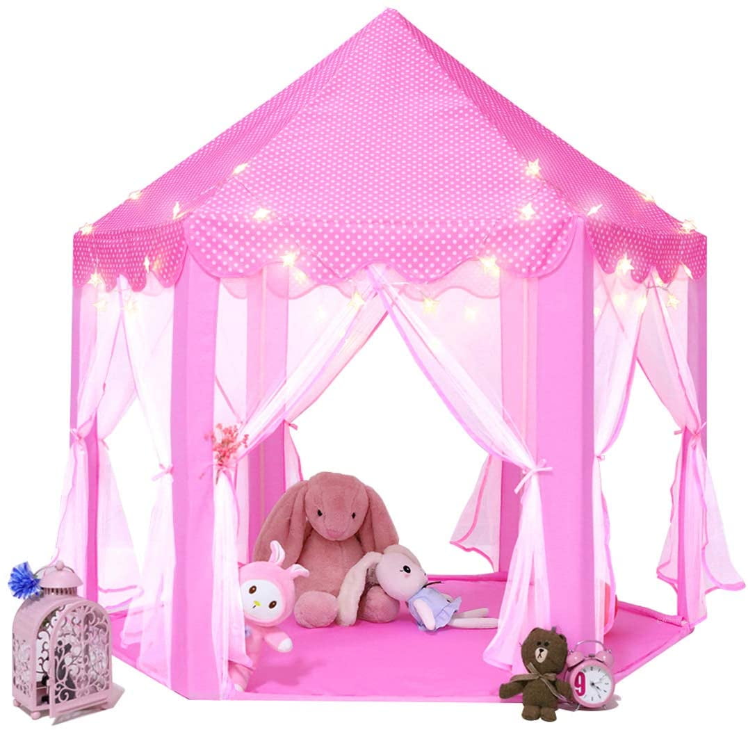 Princess Castle Play Tent Large Kids Play House with Star Lights Girls Pink 