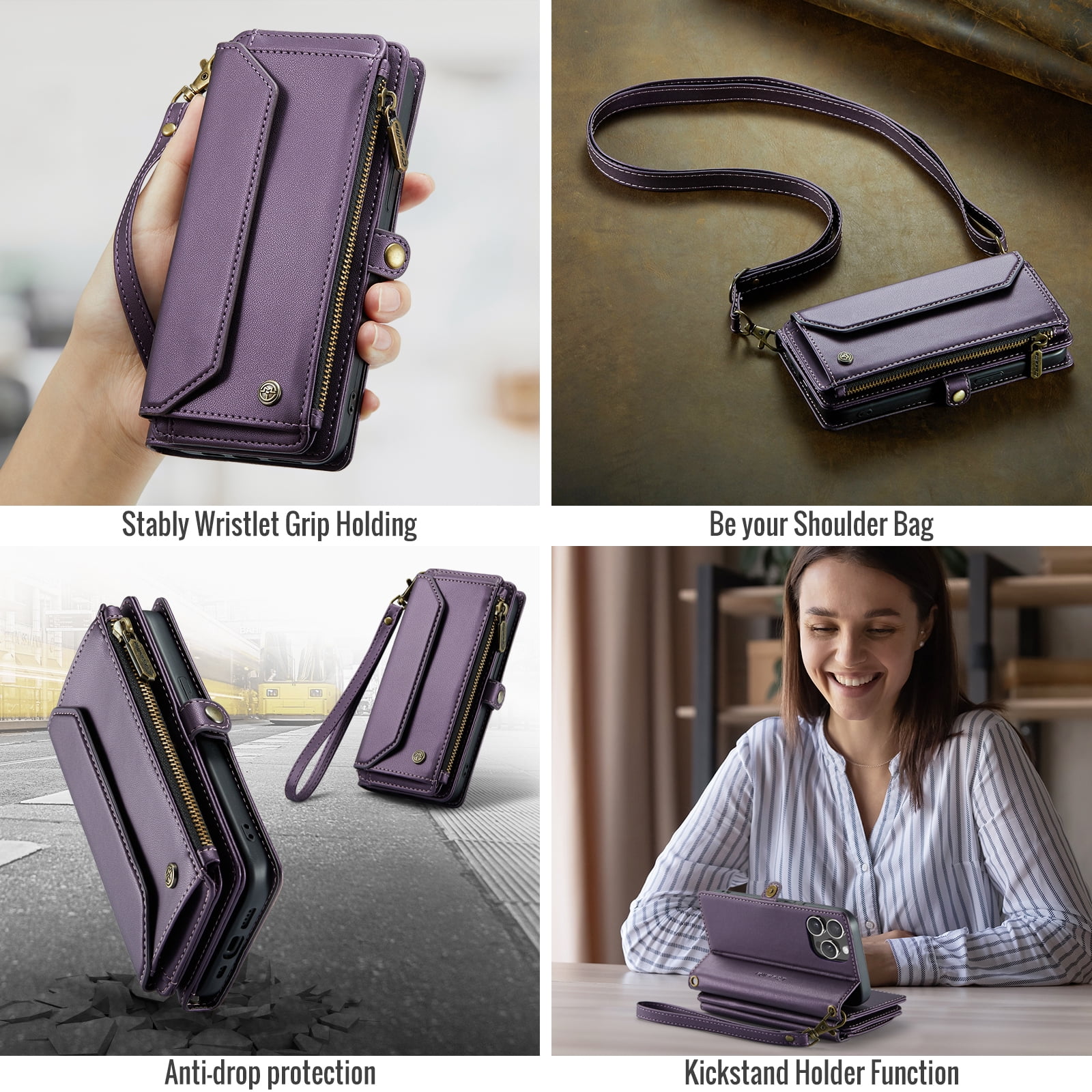 CoverTrend for iPhone 13 Case Crossbody Purse with Strap Women Card Holder Zipper Wallet Lanyard Flip Faux Leather RFID Blocking Stand Cover,Purple