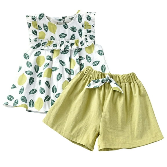 QTOCIO Toddler Girls Outfits, Kids Girl Clothes, 3-8 Years Girls' Fashion Printed Splicing Folded Strap Shorts 2 Piece Set Round Neck Tank Top Set, Green, 5 Years