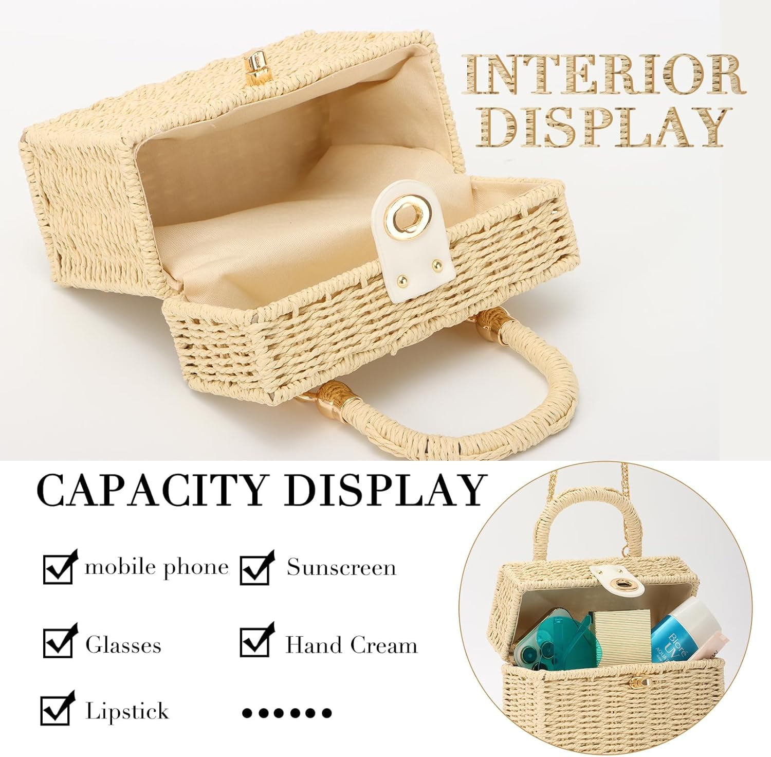 Women Handwoven Rattan Handbag Beach Straw Tote Bag Square Boho Crossbody Bag