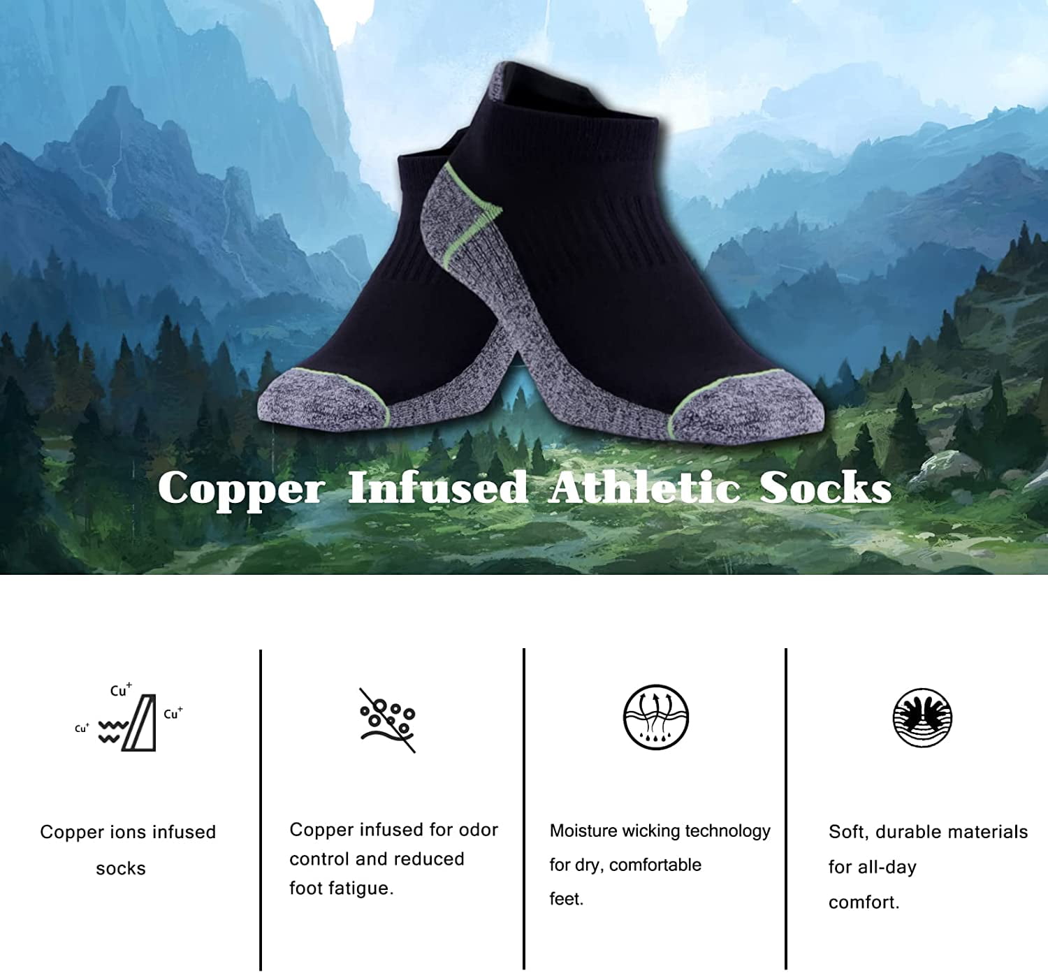 Copper Infused Ankle Socks with Odor Control, Moisture Wicking for Improved Comfort and Health (4/5 Pairs)