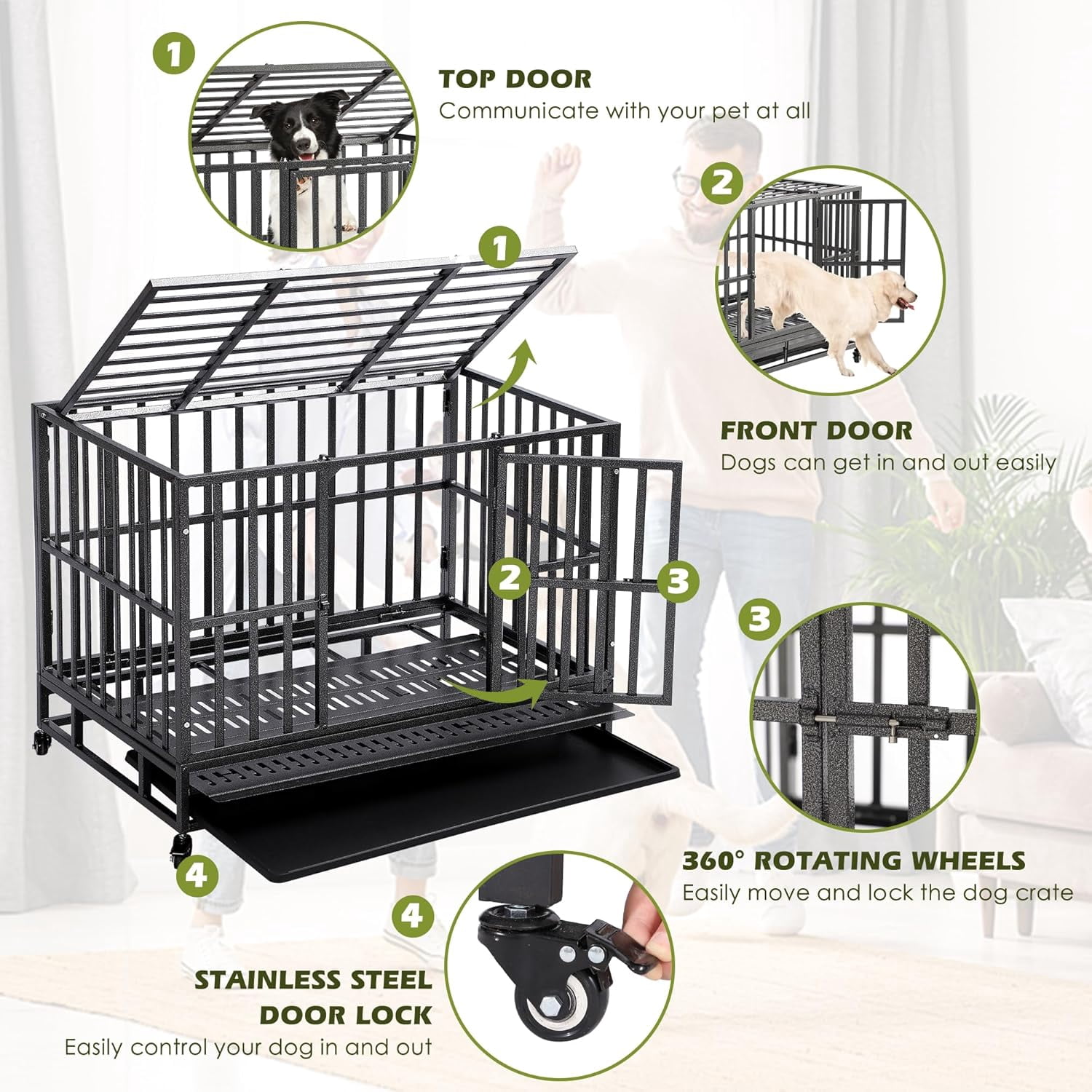 Haverchair Heavy Duty Indestructible Dog Crates for Large Dogs - 38 inch Folding Dog Kennel Extra Large Cage Crate, High Anxiety Dog Crate Indoor with Lockable Wheels, Double Door, Removable Tray