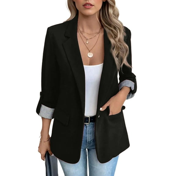 Women's Fashion Casual Slim Fit Blazer - Three-Quarter Rolled Sleeve, Button Front, Black, XXL