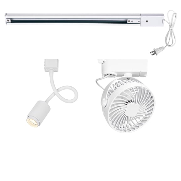 KAYYELAMP White Ceiling Mini Fan x1, Flexible Hose Dimmable Spot Light x1, Track Rail with 9.8Ft Plug in Cord x1, J-Type Track Mount Adjustable Angle for Home Plant Shelf