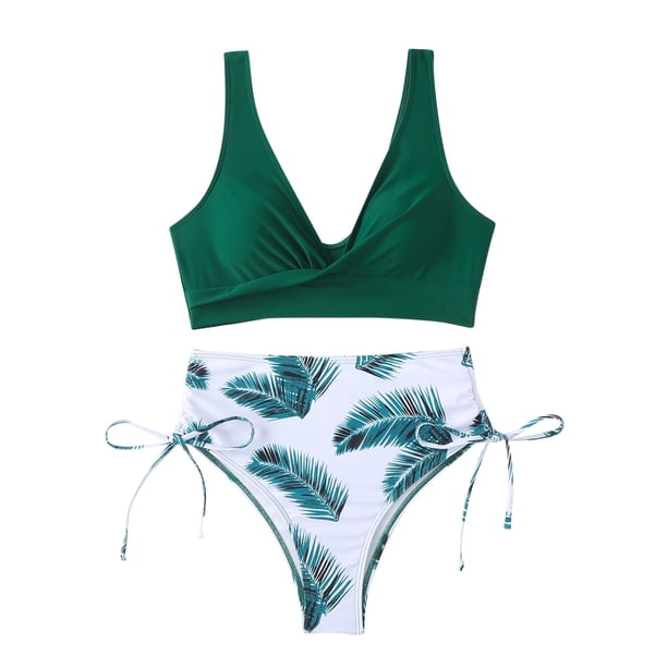Traje de Baño de Dos Piezas para las Mujeres Impresión Hoja Sexy Estilo Dividido, Traje de Baño Conservador para la Piscina Y la Playa