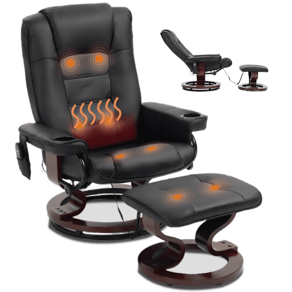 DELMANGO Swivel Massage Recliner with Ottoman, Adjustable Recline Wood Base Faux Leather Lounge Chair, Footrest Accent Chair for Living Room & Bedroom, Black