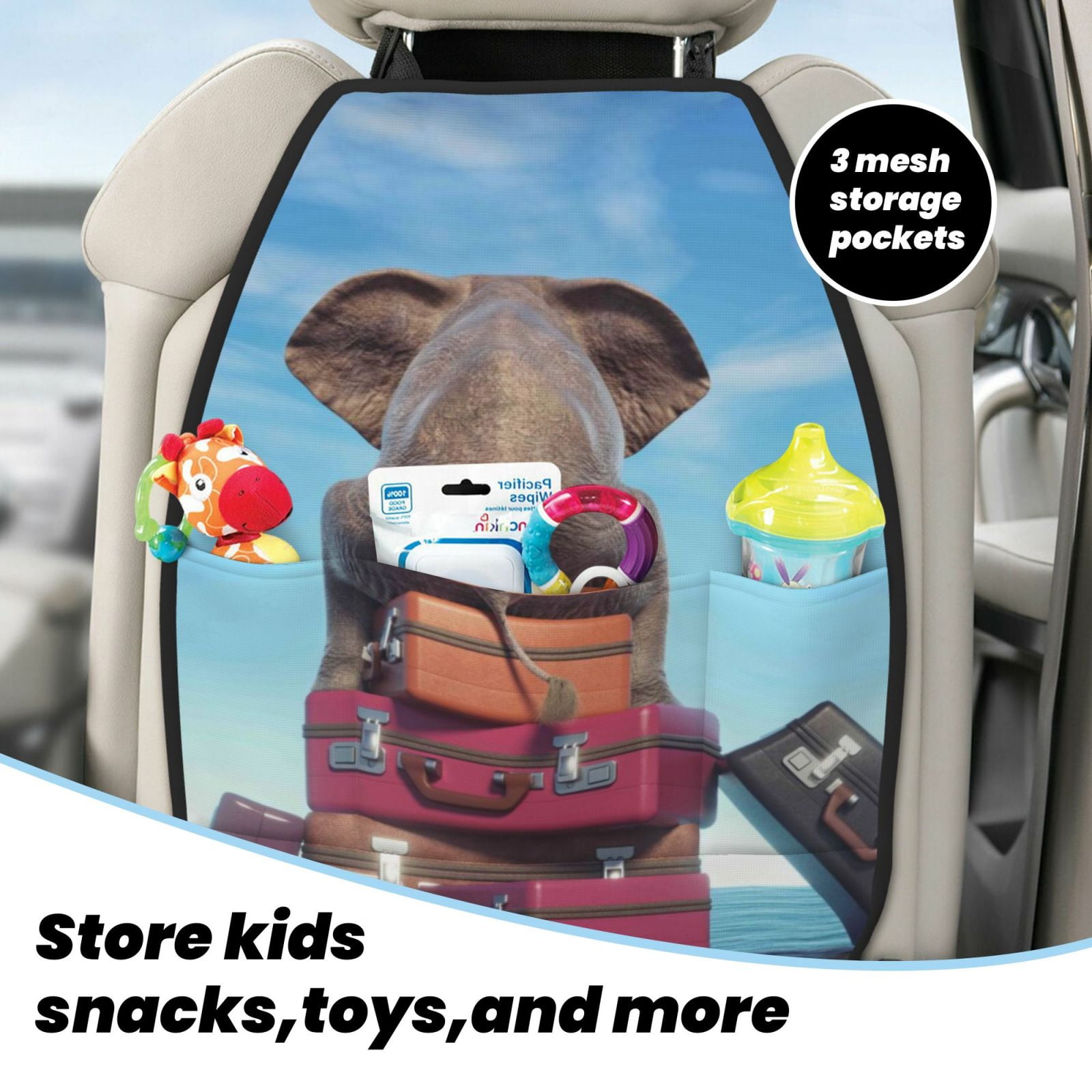 Xecao Elephant Sits Pattern Car Seat Back Protector 2 Pack Large Capacity Pocket, Kick Mats Back Seat Protector