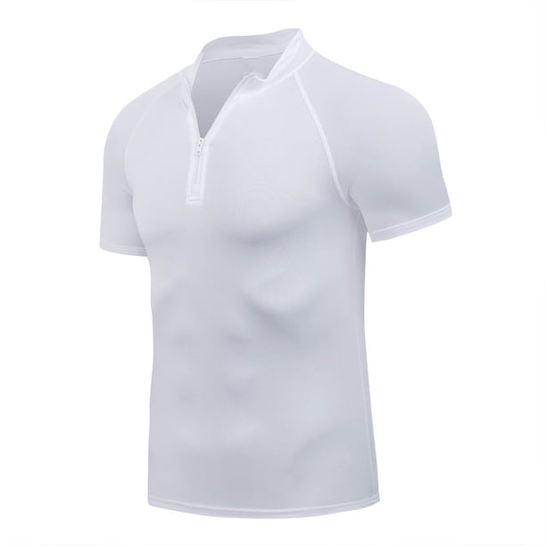 Blusa y camisa de manga corta con cuello alto para hombre, informal, de color liso, con media cremallera, manga corta, transpirable, deportiva, elástica, de licra