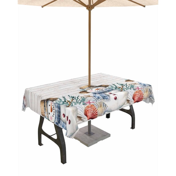 Fsddascl Coastal Christmas Outdoor Tablecloth - 54x80 Inch Rectangle Dining Table Cover, Snowman Xmas Coral Starfish Vintage Waterproof Outdoor Table Cloth with Umbrella Hole & Zipper for Patio