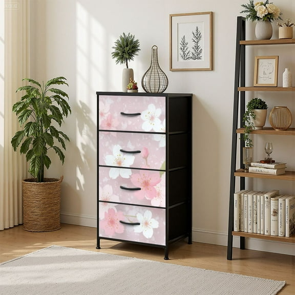 4 Drawer Vertical Storage Dresser Cherry blossom with Wood Top Fabric Pull Drawers