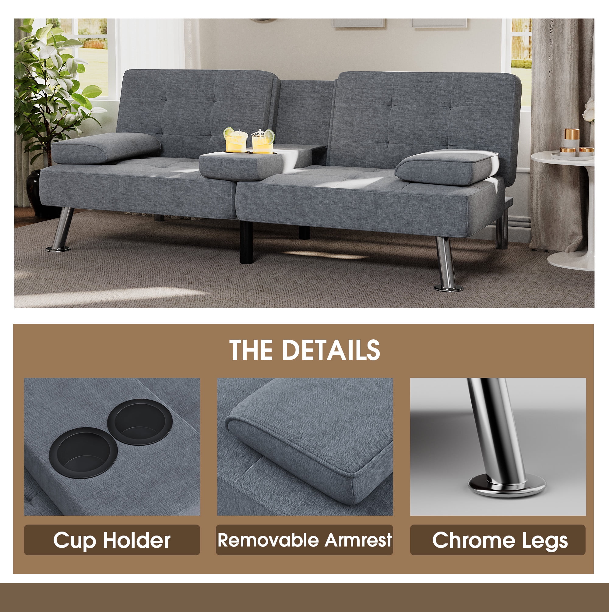 Homall Linen Convertible Futon with Cupholders, Removable Armrests, and Metal Legs, Dark Gray