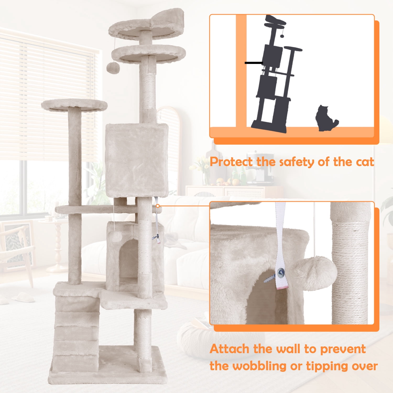CL.HPAHKL Cat Tree Tower Tall for Indoor Cats, 70in Multi-Level Durable Cat Tower Cat Condo Scratch Post with Natural Sisal Rope Cat Stands for Cats Kitten, Beige