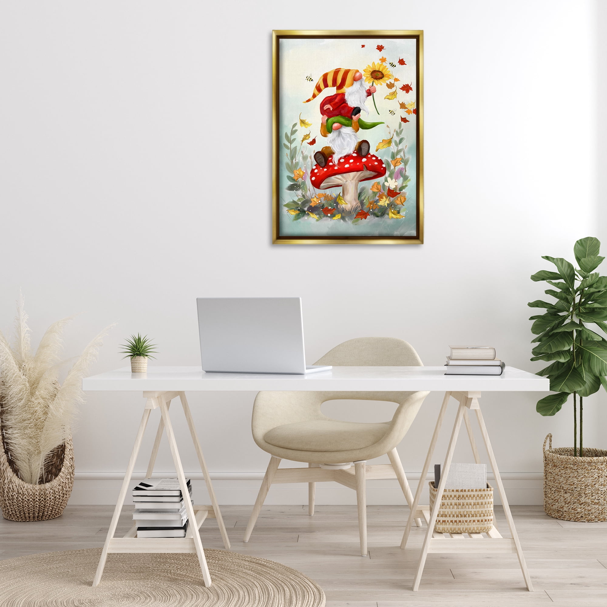 Stupell Industries Autumn Garden Gnome Fairy Tales & Fantasy Painting Gold Floater Framed Canvas Art Print Wall Art, 21 x 31