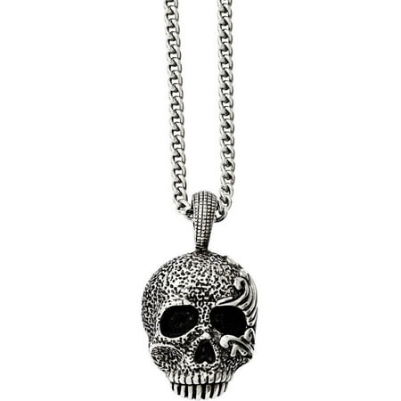Primal Steel Stainless Steel Antiqued and Textured Skull Necklace, 24