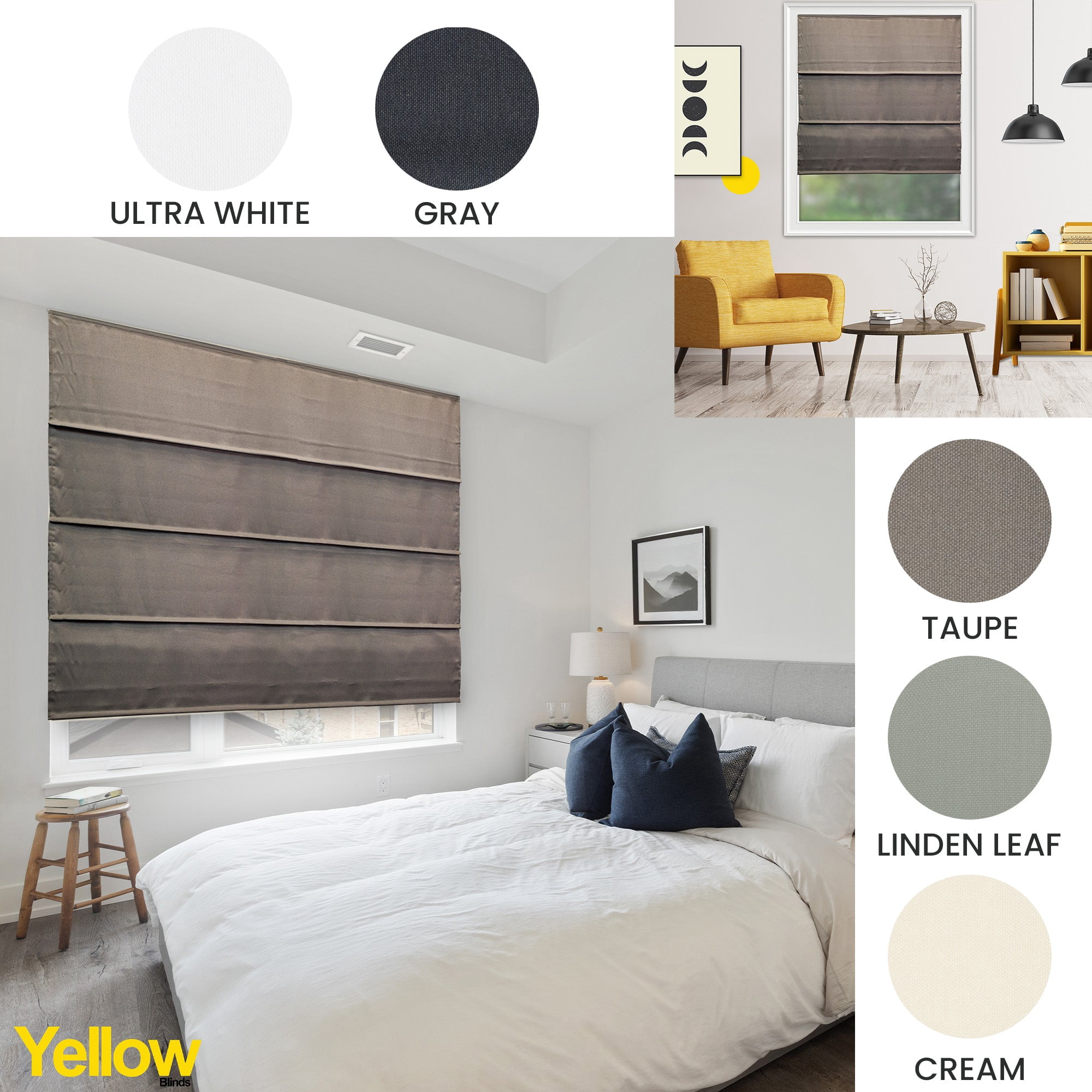Yellow Blinds Cordless Light Filtering Roman Shade, Riverside Dark Elm - 48"W X 72"H