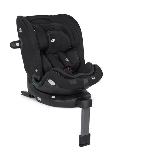 joie autoasiento i-spin xl 360° i-size multiedad de 0 a 12 años con giro 360 reclinable isofix seguro silla para auto negro, vista 3/4 frontal con base ISOFIX y pata de soporte, giro 360 Simple Swivel visible para facilitar colocar y sacar al bebé, reposacabezas ajustable en 14 posiciones, reductor Grow-with-me de 3 piezas y acolchado premium con paneles Tri-Protect en los laterales.