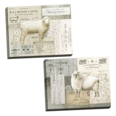 Gango Home Decor Vintage Sheep On Ephemera I & II by Gwendolyn Babbitt (Ready to Hang); Two 16x12in Hand-Stretched Canvases