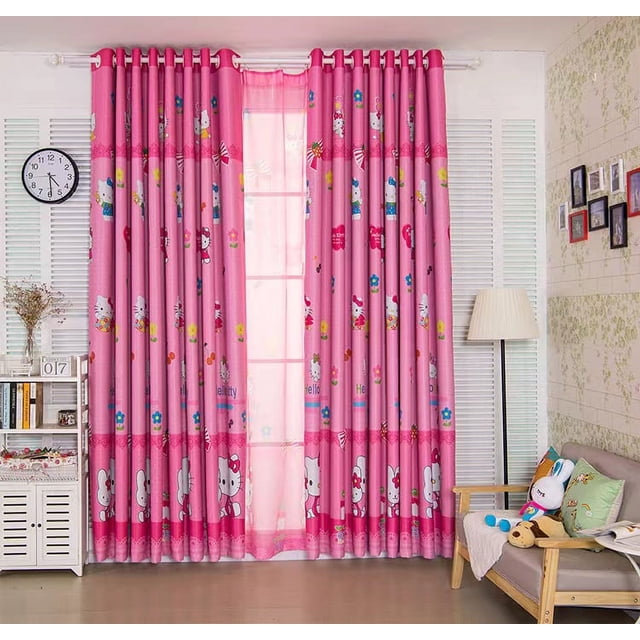Cortinas opacas de poliéster 100%, cortina para habitación de niños, cortina de ventana rosa de dibujos animados de Hello Kitty para dormitorio de niños