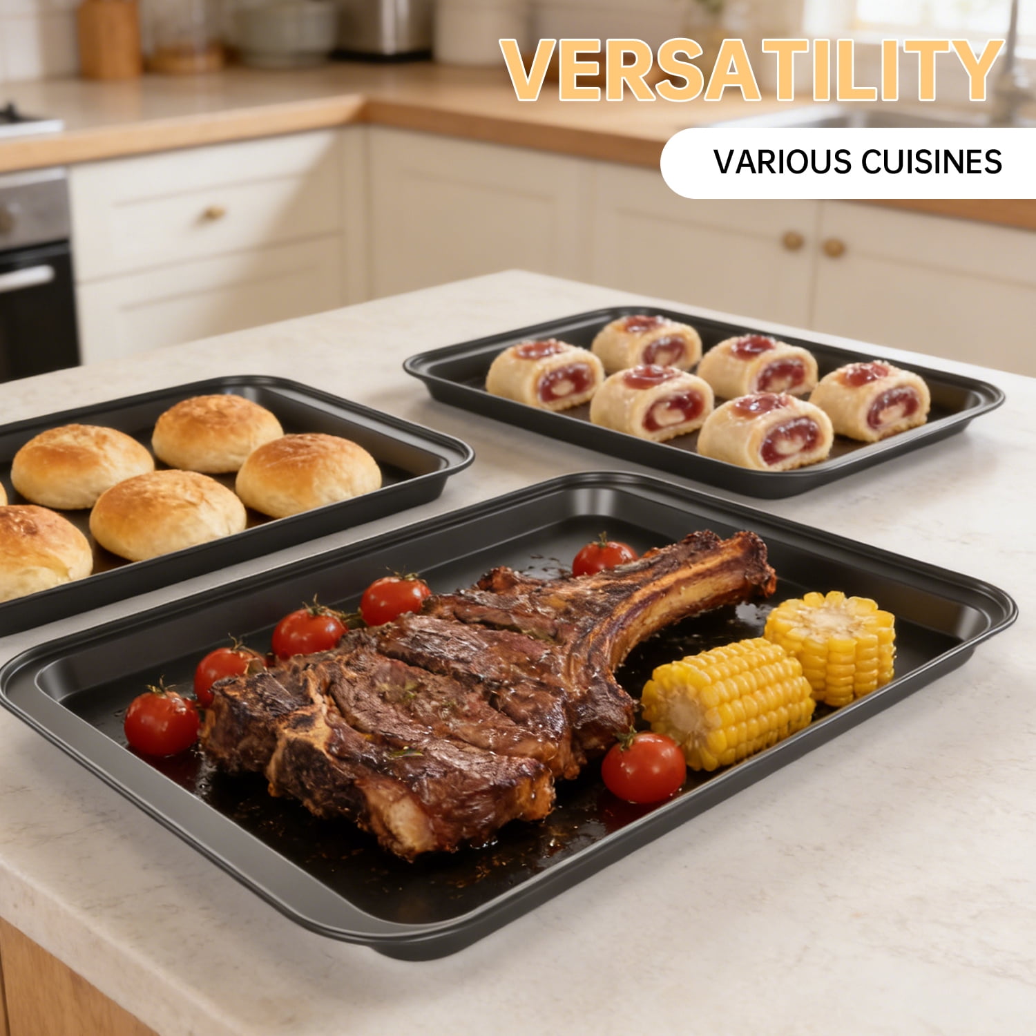 GPED Nonstick Carbon Steel Baking Sheet Set, 3-Piece Stackable Cookie Sheet Bakeware Set, 19/17/15 Inch, Carbon Steel BPA Free Cooking and Baking Trays for Cakes and Cookies, Oven Safe (450°F), Gray