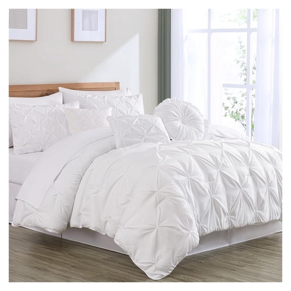 Sydney Queen Size Comforter Set - 7-Piece Pintuck Bedding - White, Lightweight Pinch Pleat Comforter with Decorative Pillows Bed Set for All Season