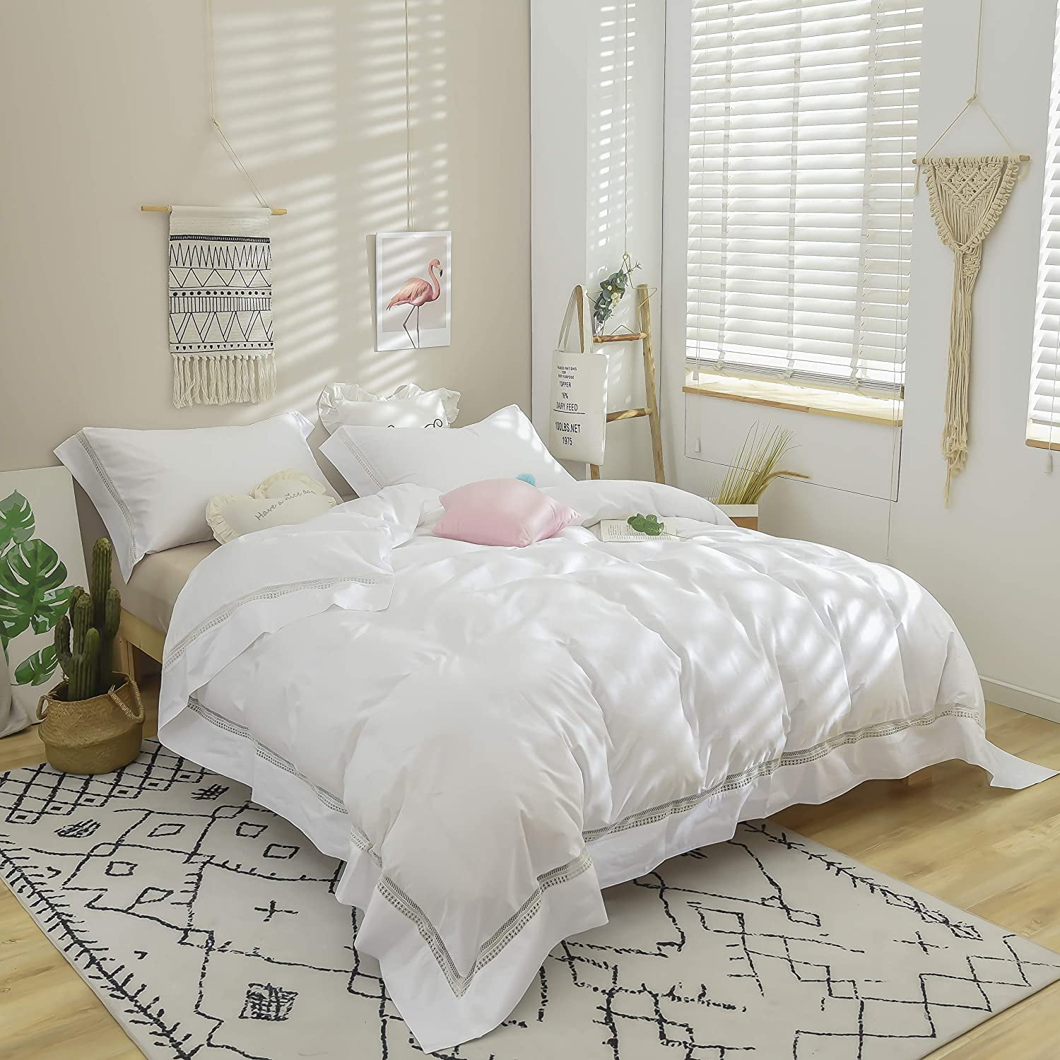LANPEI White Lace Duvet Cover Set 3 Piece Premium 100 Organic Cotton