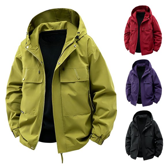 Men's Lightweight Jackets Waterproof Hooded Casual Windbreaker Jacket With Multiple Zippers Large Cargo Pockets Fall Winter Athletic Outerwear