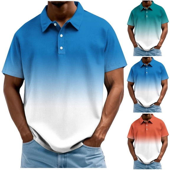 IhhxPro Men's Short Sleeve Gradient Collared Shirt with Button Detail Quick Dry Loose Fit Casual Tee Summer Vacation Beach Golf Activewear M-4XL