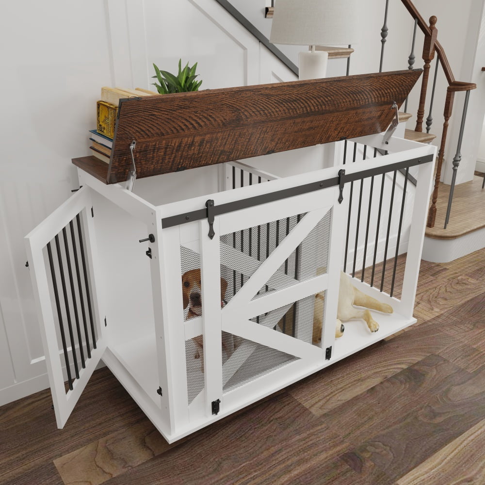 47.2" Double Dog Crate Furniture Mobile Pet Kennel Flip-Top Feeding Door 5 Casters with 2 Locking Wheels Side Hooks