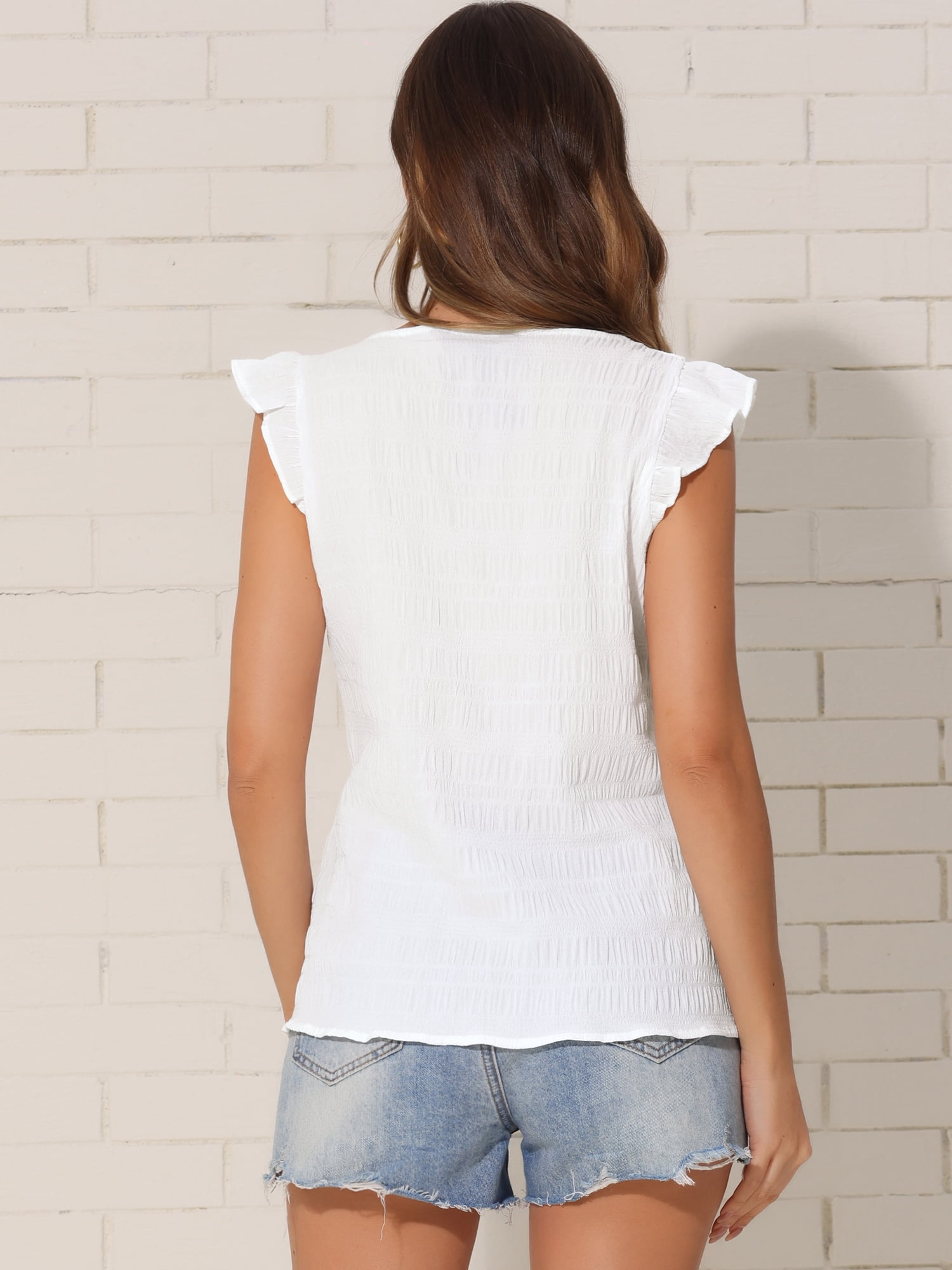 DARING DIVA Women's Short Cap Sleeve Square Neck Babydoll Blouse S White