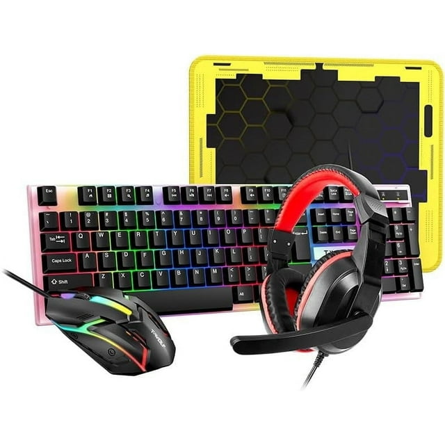 InnotechSc Teclado para Juegos, Alfombrilla para Ratón y Ratón y Auriculares para Juegos, Paquete de Retroiluminación RGB LED con Cable para Jugadores de PC y Usuarios de Xbox y PS4 - Edición 4 en 1
