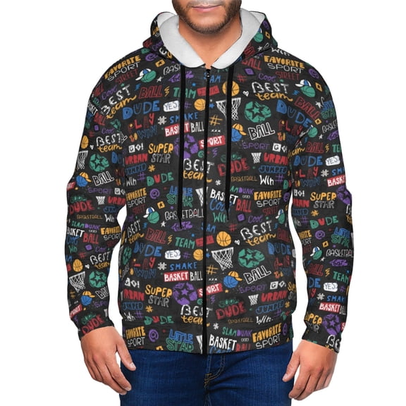 Kdxio Basketball Print Men Hoodies Casual Hoodies for Men with Zip Pockets Full Zip Long Sleeve Sweatshirt Sports Hooded Jacket-Small