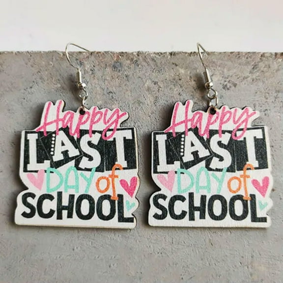 New Cut Pink Glitter Acrylic Round and Wood Last Day of School Graduate Earrings