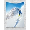 Winter Tapestry, Skier Skiing Downhill in High Mountains Extreme Winter Sports Hobby Activity, Wall Hanging for Bedroom Living Room Dorm Decor, 40W X 60L Inches, Blue White Yellow, by Ambesonne