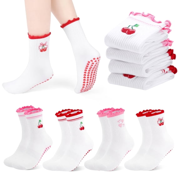Bocaoying 4 Pairs Pilates Grip Yoga Socks for Women, Non-Slip Ruffle Edge Fruit Socks, Grippy Lettuces Socks with Red Lace Cherry, Anti-Skid Athletic Sticky Socks for Pilates, Yoga, Gym, 5-9
