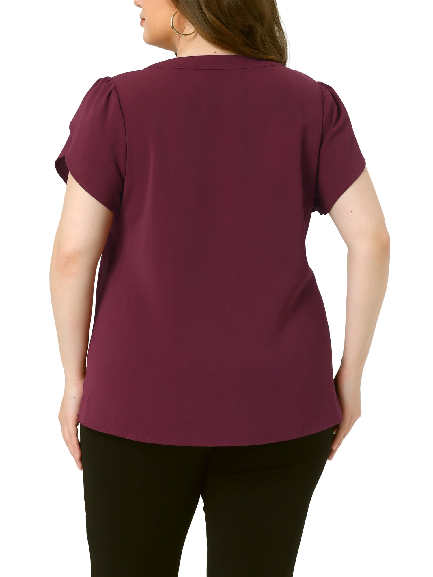 Women's Plus Blouses Notched V Neck Short Petal Sleeve Shirts Casual Dressy Tops 4X Burgundy
