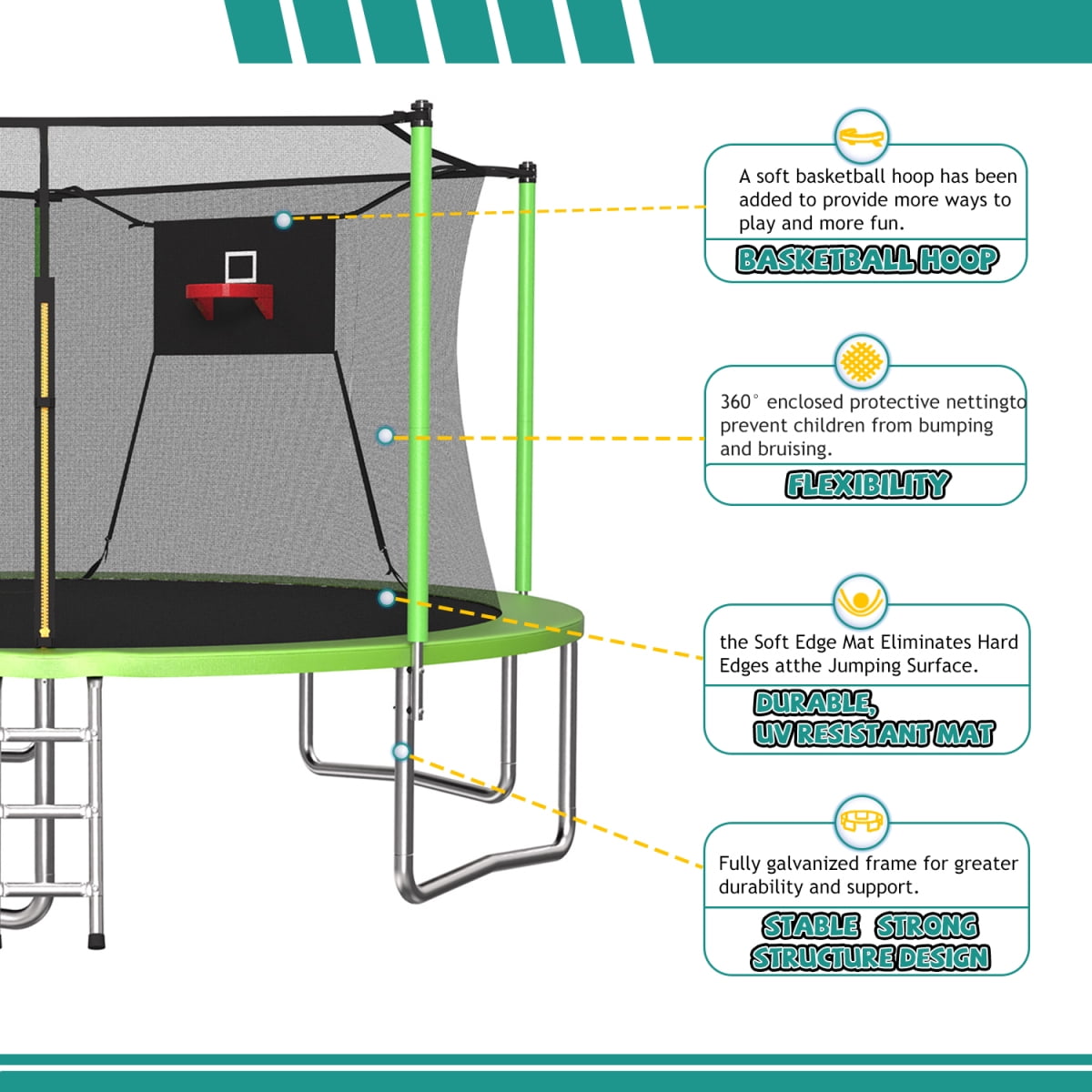 14FT Trampoline with Enclosure Net – Outdoor Indoor Recreational Fitness Trampoline for Sports, Green