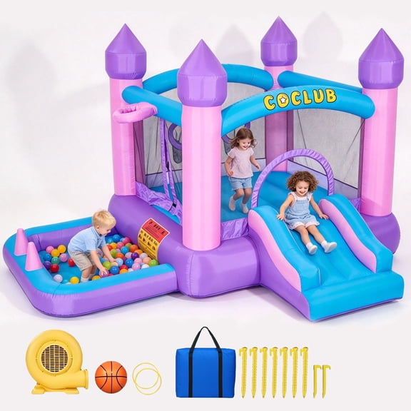 COCLUB Inflatable Bounce House for Kids Outdoor & Indoor, Toddler Bouncy Castle with Slide, Blower, Ball Pit - 6-in-1 Jumping Toy for Ages 2-5 (154x113x90”)