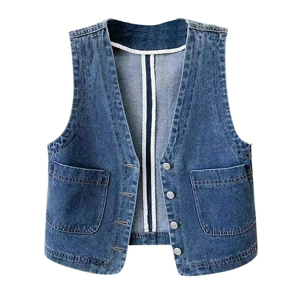 WTXUE Denim Vest for Women, Sleeveless Women Autumn with Pocket, Loose Casual Vest, Plaincolor Outerwear Vests for Women | Blue S
