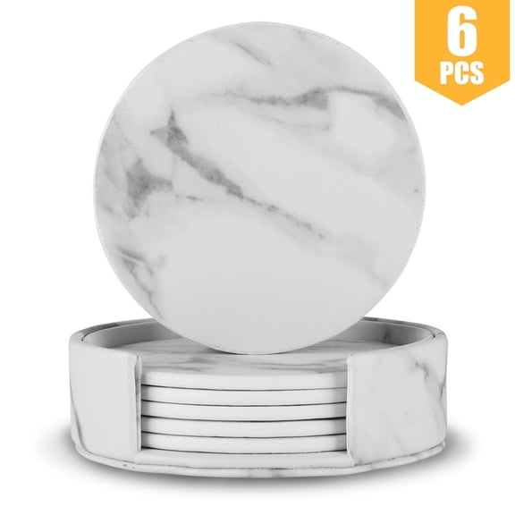 DISEN 6pcs PU Leather Coasters for Drinks with Holder, Absorbent Marble Design Round Cup Mats Protect Furniture from Damage