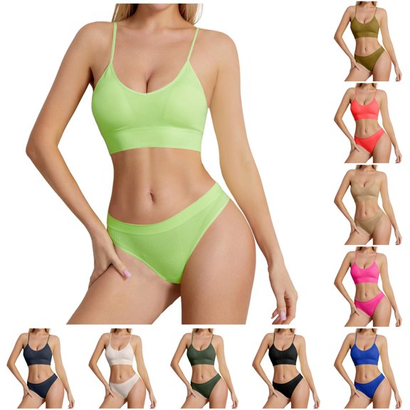 Huowey Bras For Women No Underwire Solid Color Ribbed Knit Set U-Neck Thin Spaghetti Strap Wireless Crop Bralette Low Rise Briefs Stretch Brassiere,Green