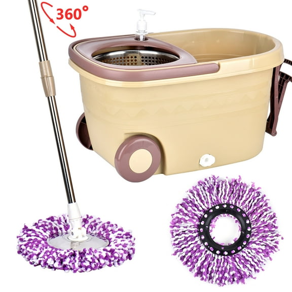Spin Mop with Bucket, Stainless Steel Mop and Bucket System, 2 Mop Heads, Khaki