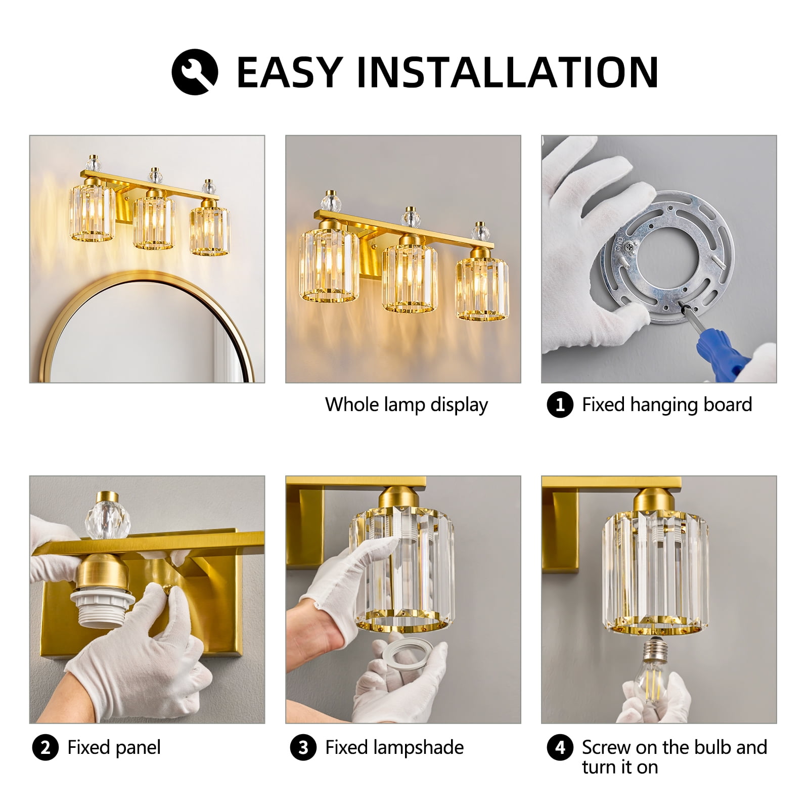 Deyidn 3-Light Gold Bathroom Light Fixtures,Modern Bathroom Vanity Lights Fixture with Clear Crystal Glass Shade, Modern Crystal 3 Lights Wall Sconce for Mirror Bedroom Living Room