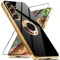 Dteck for Samsung Galaxy S24 Plus Case with Screen Protector, Built-in 360° Rotation Ring Holder Magnetic Stand, Luxury Shiny Plating Edge Shockproof Electroplated Protective Cover,Black