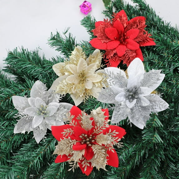 Happy Date 12Pcs Christmas Metallic Mesh Glitter Artificial Poinsettia Flower Stems Tree Ornaments in Box for Christmas Tree Wreaths Floral Gift Winter Wedding Holiday Decoration