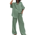 thumbnail image 4 of Annhoo Womens Two Piece Outfits Half Sleeve Button down Lapel Shirts and Wide Leg Pants with Pockets Casual Clothing, 4 of 4