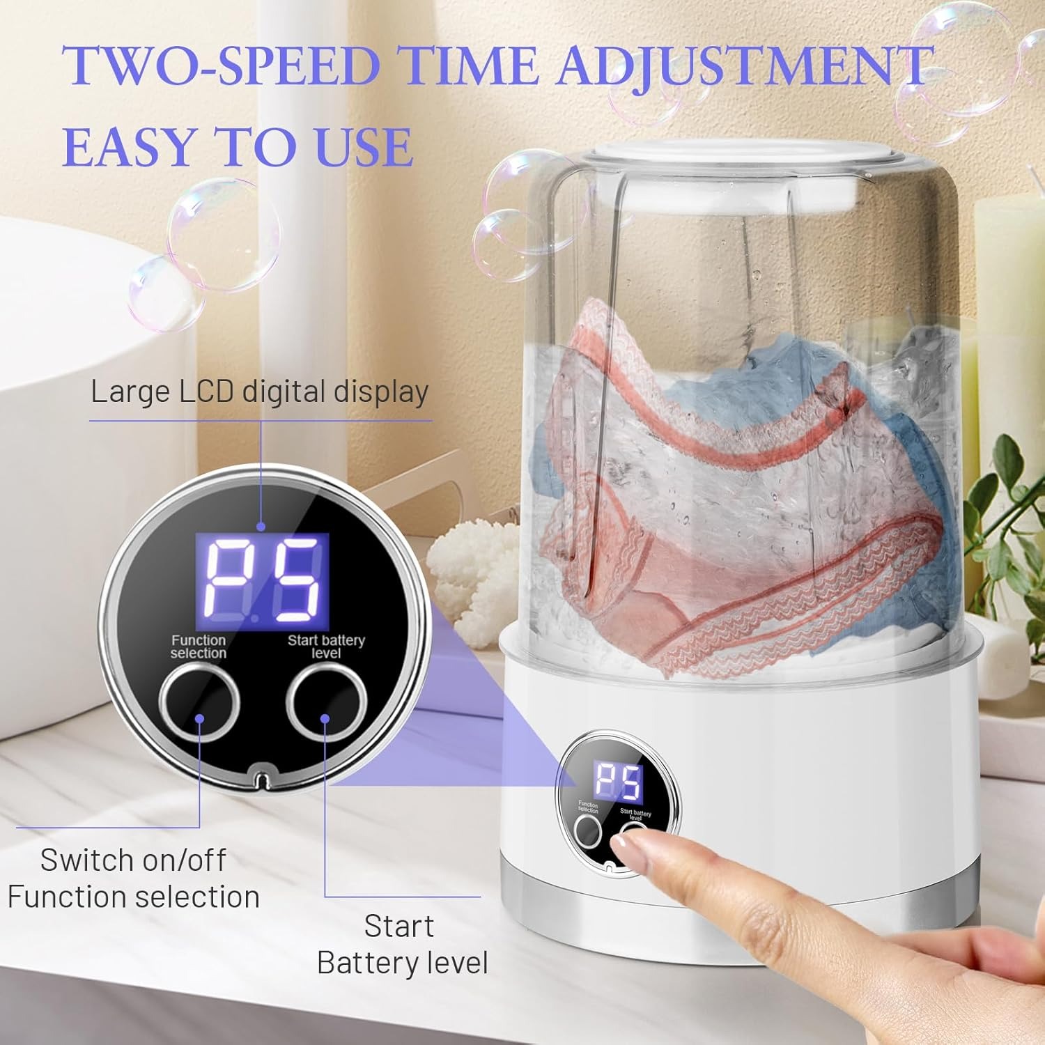 Portable Mini Washing Machine, 34 fl oz Capacity, USB Rechargeable with 2600mAh Battery, Ideal for Travel, RV, Dorm, or Small Laundry, White