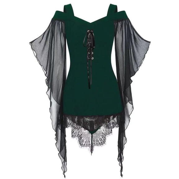 Gytharion Women's Gothic Dresses Dark Witch Vintage Halloween Dresses Spaghetti Straps Bell Sleeve Lace Up Tummy Control Irregular Lace Hem Mini Gowns for Cosplay Club Themed Party
